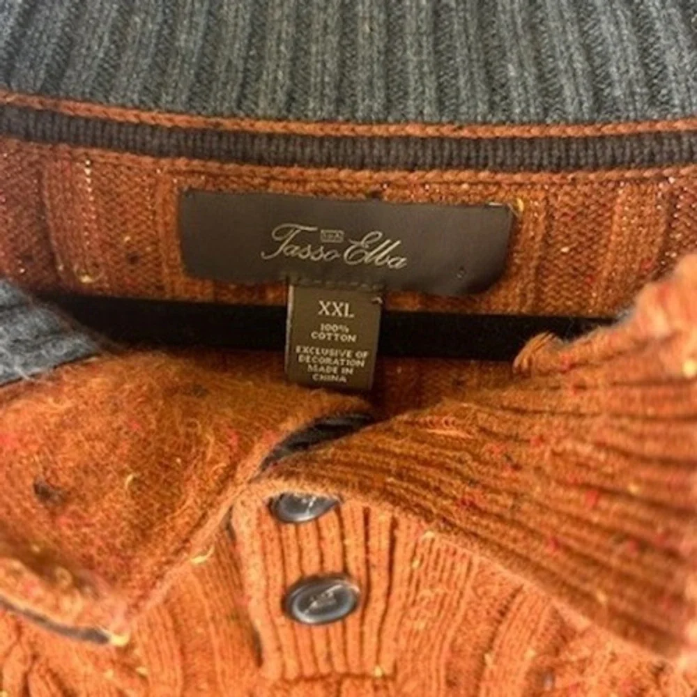 Tasso Elba Sweater Men's Size XXL Orange 100% Cotton Cable‎ Knit Button Neck